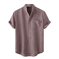 Mens Cotton Linen Shirts Summer Lightweight Comfy Short Sleeve Stand Collar Solid Color Casual Button Down Shirt
