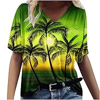Women's Plus Size T-Shirt Casual V Neck Summer Tops Sunset Palm Print Beach Tops Loose Fit Tunic Workout Tee Shirt