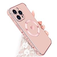 Magnetic Case for iPhone 15 Pro Max Women Girl Luxury Plating Cute Love Heart Slim Cover Full Camera Lens Protection Compatible with MagSafe Case with 2PCS Screen Protector Pink