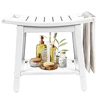Shower-Bench-Seat-Waterproof | White Shower Stool-for-Inside-Shower | HDPE Plastic | Bathroom-Benches w/Storage Shelf & Handles | Shaving Legs | Indoor Outdoor Use | 21.8 x 14 x 18.1 Inch