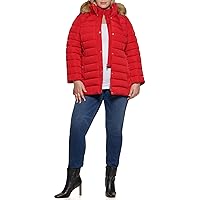 Tommy Hilfiger Women's Plus Size Button Front Puffer Fur Trim Hooded Jacket, Crimson, 2X