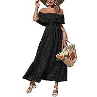 Women's 2024 Summer Dress Off Shoulder High Waist Beach Dress Ruffled Short Sleeve Floral Tiered Maxi Dress