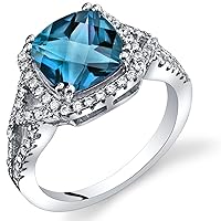 PEORA London Blue Topaz Enchanting Halo Solitaire Ring for Women 925 Sterling Silver, Natural Gemstone Birthstone, 2.75 Carats Cushion Cut 8mm, Sizes 5 to 9
