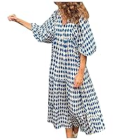 Summer Casual Dresses for Women Boho Geometric Pattern Printed Beach Dress V-Neck Maxi Loose Ruffle Hem Long Dress