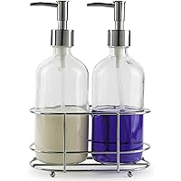 Circleware Duo Dispenser Silver Accent Bottle Pumps in Metal Caddy, Set of 2 Bathroom Accessories Home Decor for Essential Oils, Lotions, Liquid Soaps, 16 oz, Clear