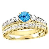 Sabrina Silver 14K White Gold Diamond Natural Swiss Blue Topaz Engagement 2-pc Ring Set Engraved Round 6 mm, Sizes 5-10