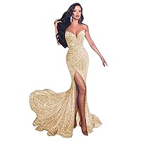 Women's Mermaid Sequin Prom Dresses Long High Split 2024 Sparkly Backless V Neck Maxi Formal Evening Party Gowns