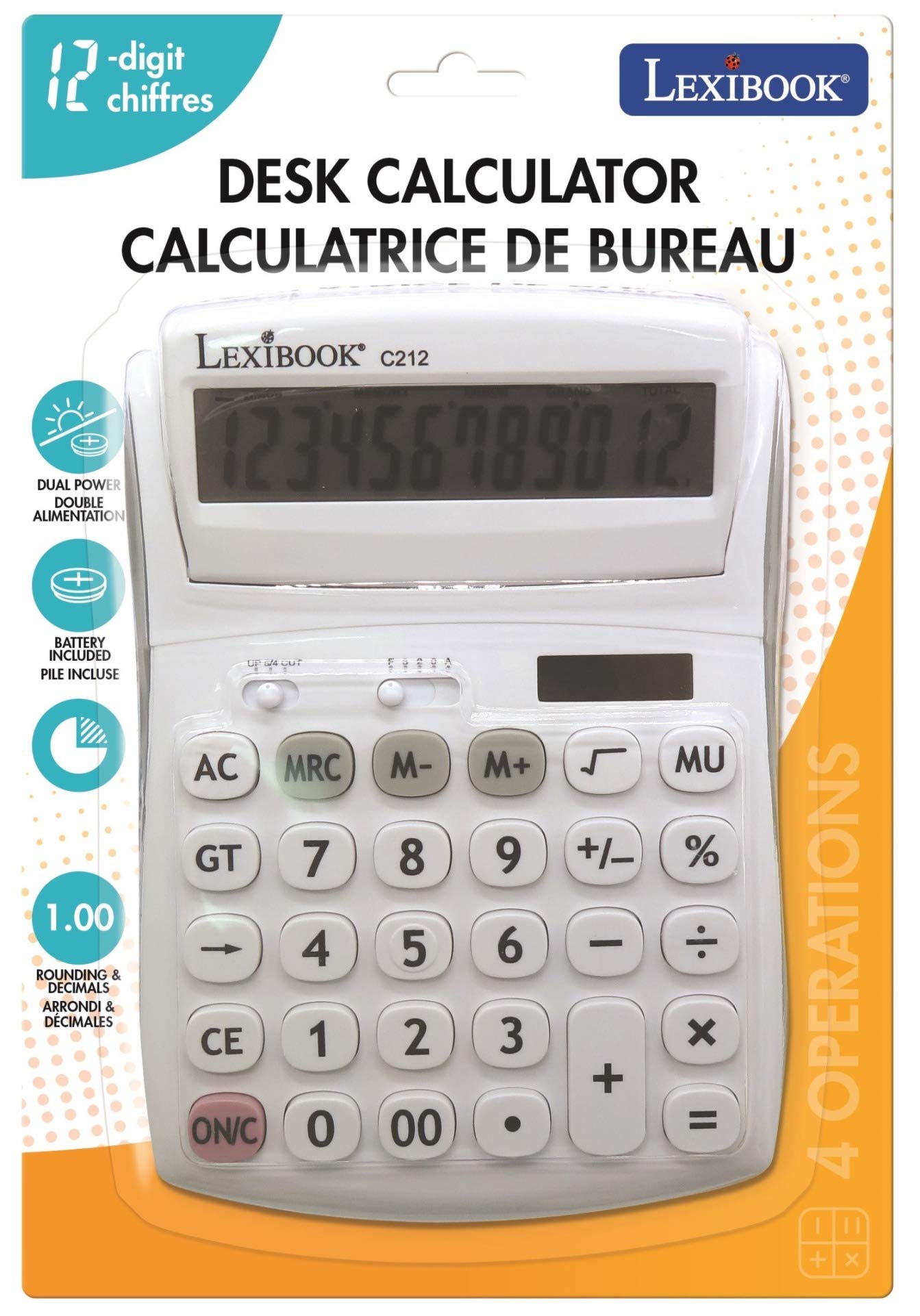 Lexibook - 12 Digit Desktop Calculator with Folding Display - Basic and Memory Function - Large Keys and Screen for Office, School, Home - Solar & Batteries - White/Gray - C212