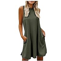 Summer Knitted Tank Dress for Women Crewneck Sleeveless Mini Dresses Back Cutout Criss Cross Short Dress with Pockets