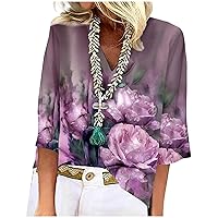 Womens Summer Tops 3/4 Sleeve Fashion V-Neck Tshirt 2024 Floral Print Sexy Daily Blouse Casual Tunic