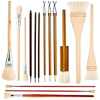 15pcs Pottery Glaze Brushes, Wood Long Handle Artist Fan Paint Ceramic Brushes Set Art Painting Tools for Acrylic Watercolor Pottery Oil Painting Students Kids Adults