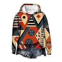 Women's Retro Ethnic Style Geometric Irregular Print Long-Sleeved Loose Hooded Sweatshirt Top Warm Hoodie, S-4XL