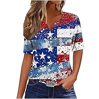 Ladies Tops 4th of July Short Sleeve Blouses Funny Stars Fireworks Print Henley Shirts Women Summer Patriotic Tees