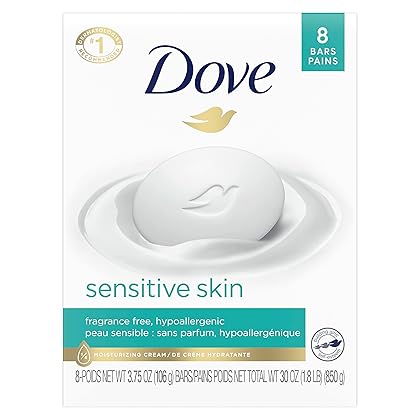 Dove Beauty Bar More Moisturizing Than Bar Soap for Softer Skin, Fragrance Free, Hypoallergenic Sensitive Skin With Gentle Cleanser 3.75 oz, 8 Bars