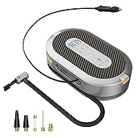 Retractable Tire Inflator Portable Air Compressor 150PSI with Pressure Gauge 12v Air Compressor Tire Inflator with Auto Retraction Power Cord, Auto Shut-off and Emergency LED Light By Giraffe Tools