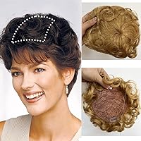Short Curly Real Human Hair Topper with Front Bangs for Women,Breathable Wiglets Hairpieces 5.1x5.5 Large Coverage Women Toupee Clip in Top Wavy Hair Pieces Topper(7