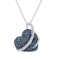 1.60 Carat (Cttw) Round Cut White and Color Enhanced Blue Natural Diamond Heart Pendant Necklace 925 Sterling Silver for Wedding Women's (H-I Color 18 Inch Chain)