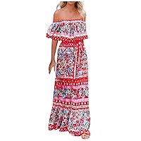 Plus Size Summer Dress Oblique Shoulder Short Sleeve Princess Sundress Split Smocked Flowy Pleated Maxi Dresses