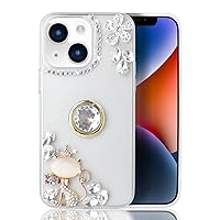 Bonitec Compatible with iPhone 14 Plus Case Built-in Ring Holder Kickstand Clear Case with 3D Glitter Bling Sparkly Rhinestone Diamond Cute Cat Luxury Glitter Case for iPhone 14 Plus, Clear