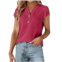 Womens Casual Summer Tops Dressy Petal Short Sleeve Henley Shirts Solid Color Button Up V-Neck Tunic Work Blouses