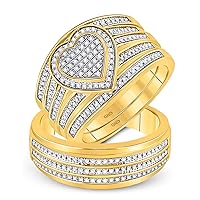 The Diamond Deal 10kt Yellow Gold His & Hers Round Diamond Heart Matching Bridal Wedding Ring Band Set 1/2 Cttw