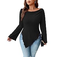 OYOANGLE Women's Plus Size Elegant Knit Ruched Draped Collar Asymmetrical Hem Bell Sleeve Tee T Shirts Blouse Top