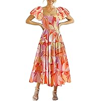 GOLDSTITCH Women's Smocked Maxi Dress Square Neck Ruffle Hem Puffy Short Sleeve Flowy Midi Dress