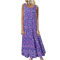 Casual Summer Dresses for Women Plus Size Linen Long Sun Dress Sleeveless Round Neck Swing Hem Beach Dress Loose