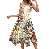 Women Summer Dresses Sleeveless A Line Irregular Hem Dress High Waist Casual Tiered Midi Sundress with Pockets