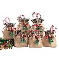 Collections Etc Holiday Burlap Treat Bags with Plaid Drawstring Top and Decorated with Pine, Berries, and Jingle Bell - Set of 6, 5 1/2