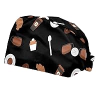 Coffee Pattern 2 Pieces Working Cap with Button Printed Bouffant Turban Cap Adjustable Bouffant Hair Cover