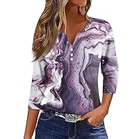Womens 3/4 Sleeve Tops and Blouses Henley V Neck Button Up Shirts Trendy Tie Dye Shirts Casual Loose Fit Tee Tops