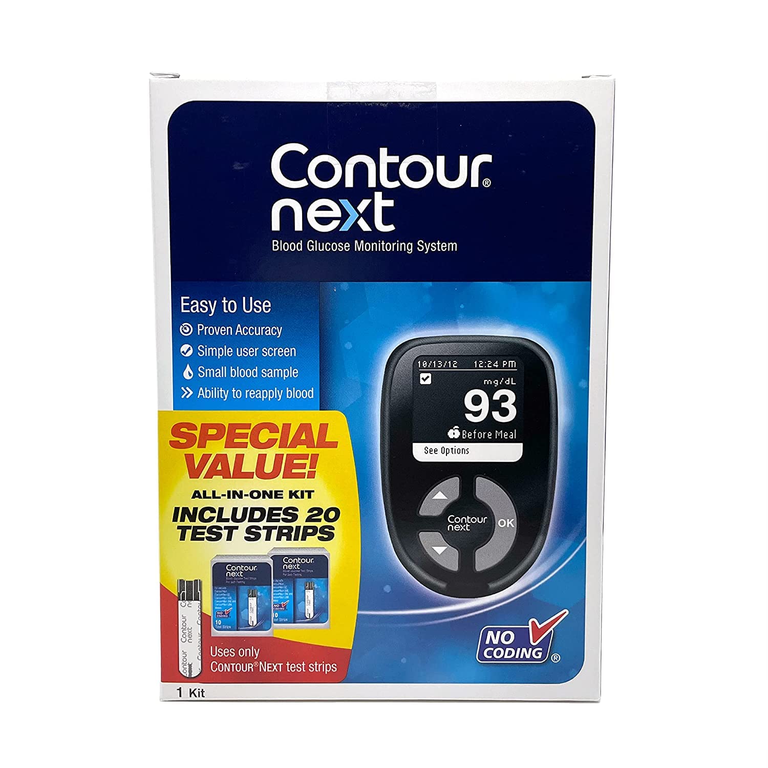 The Contour Next Blood Glucose Monitoring System All-in-One Kit for Diabetes & CONTOUR NEXT Blood Glucose Test Strips, 70 Count
