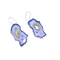 Natural Blue Onyx Agate Druzy Geode Slice Earrings Balancing Positive Energy Harmony Luck Natural Genuine Fashion Beauty
