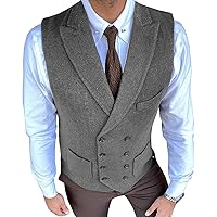 Classic Men's Waistcoat Slim Fit Tweed Wool Herringbone V Neck Double Breasted Formal Vest for Wedding Groomsmen