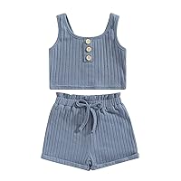 Toddler Baby Girl Summer 2Pcs Clothes Solid Ribbed Sleeveless Cami Tank Top Drawstring Shorts Set Casual Outfit