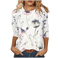 Business Casual Outfits for Women, Womens Tops 3/4 Sleeve Shirts Round Neck Loose Casual Blouses Floral Print Tshirts