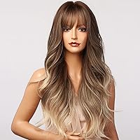 Long Wavy Brown Blonde Wig for Women Brown Ombre Blonde Wigs With Air Bangs Silky Full Heat Resistant Synthetic Wig with Wig Cap (BrownOmbre Blonde)