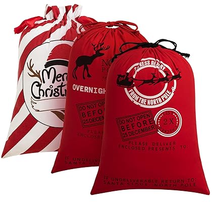 HBlife 3 Pack Canvas Santa Sack, 19.7 X 27.6 Inch Large Santa Bags for Gifts, Personalized Christmas Sacks for Presents with Drawstring, 3 Pack C