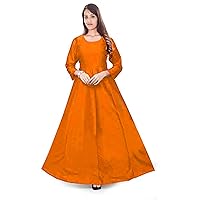 Women's Long Dress Solid Poly Silk Tunic Wedding Wear Kurti Orange Maxi Gown Plus Size (XSmall)
