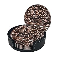 (Funny Roasted Coffee Beans) Print Leather Coasters Set of 6 for Drinks with Holder Absorbent Round Cup Mat Pad for Living Room Dining Table Kitchen Home Decor Housewarming Gift