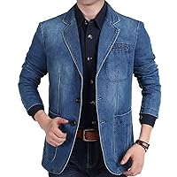 Flygo Men's Casual 3 Buttons Denim Blazer Slim Lapel Washed Denim Suit Jacket