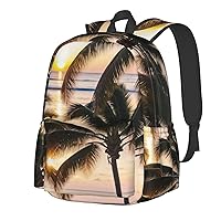 Sunset Sea Palm Trees Backpack Print Shoulder Canvas Bag Travel Large Capacity Casual Daypack With Side Pockets
