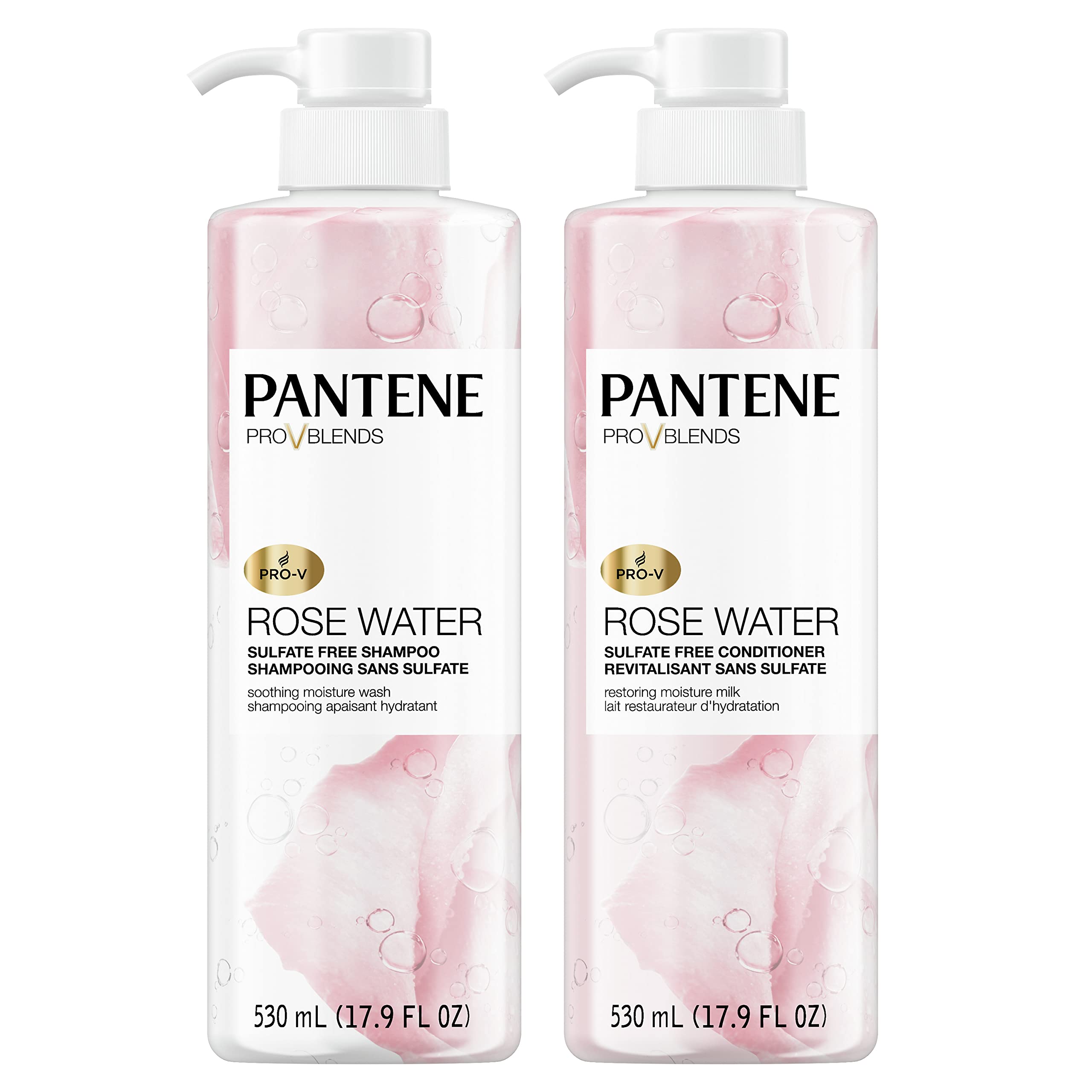 Pantene Sulfate Free Shampoo and Conditioner Set, Rose Water, Soothing and Moisturizing, Nutrient Infused with Vitamin B5, for all Hair Types, Safe for Color Treated Hair,Pro-V Blends, 17.9 oz,2-Count