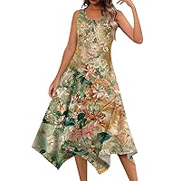 Midi Dresses for Women 2024 Casual Round Neck Sleeveless Irregular Hem Floral Print Midi Dress