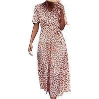 GRASWE Women's Short Sleeve Dot Print Dress Floral Print Casual Dress V Neck Fit Dresses