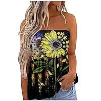 4th of July Women Smocked Bandeau Summer Star Stripes Strapless Off Shoulder Tops Casual Loose Fit Tube Tops