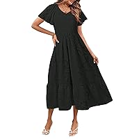 MEROKEETY Womens 2024 Summer V Neck Ruffle Sleeve Floral Dress Lace Flowy Smocked Midi Dresses