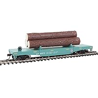 HO Scale Model Log Dump Car with 3 Logs - Union Pacific #14972 (Mow Scheme, Green, Yellow Conspicuity Marks)