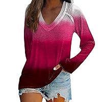Long Sleeve Shirts for Women Women's Long Sleeved T-Shirt V-Neck Tie Dyed Floral Stripe Print Casual Top